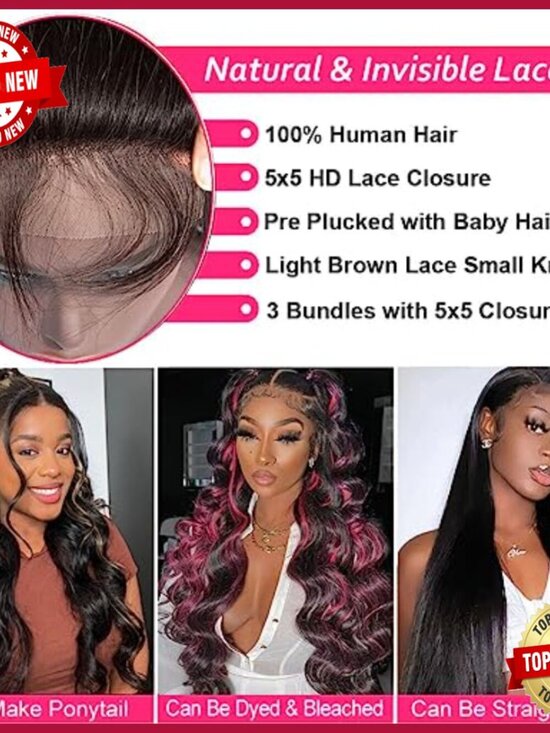 Brazilian Body Wave Human Hair Extensions 3 Bundles with 5x5 Lace Closure